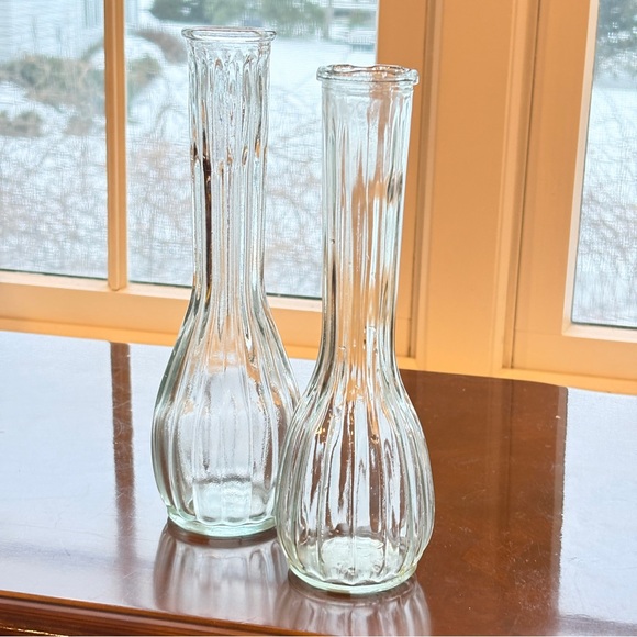 Vintage European Pressed Glass Bud Vase Set Art Deco Ribbed Clear Glass - Picture 5 of 12